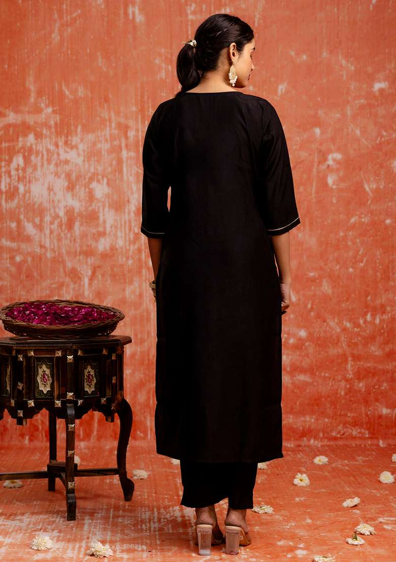 Black Embroidered Viscose Straight Kurta Set - Indya