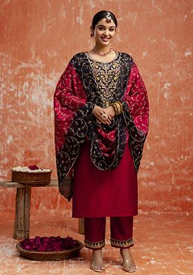 Maroon Embroidered Viscose Salwar Kameez With Dupatta