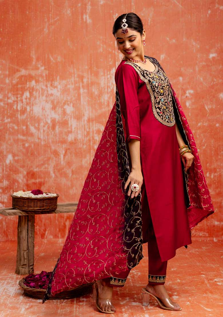 Maroon Embroidered Viscose Straight Kurta Set - Indya