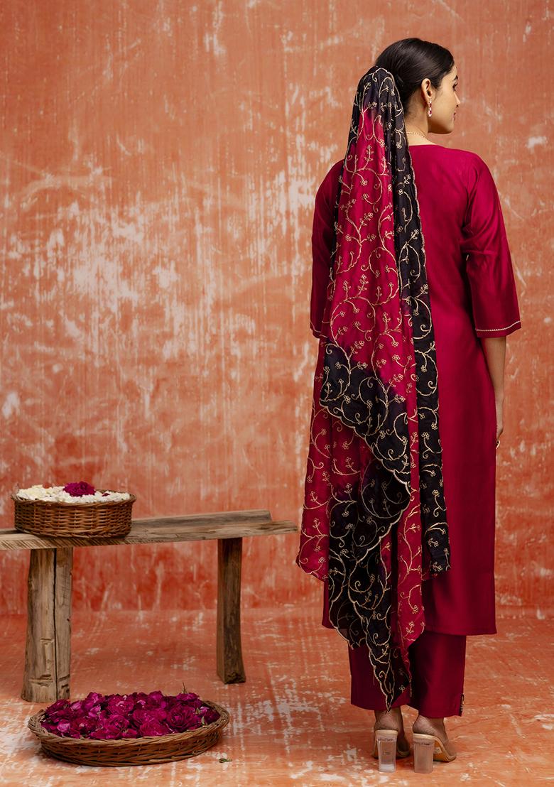 Maroon Embroidered Viscose Salwar Kameez With Dupatta