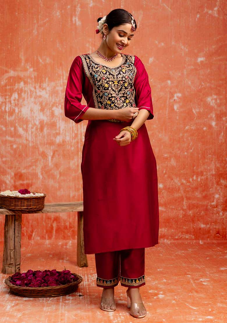 Maroon Embroidered Viscose Straight Kurta Set - Indya