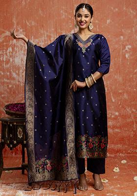 Blue Zari Work Cotton Blend Salwar Kameez With Dupatta