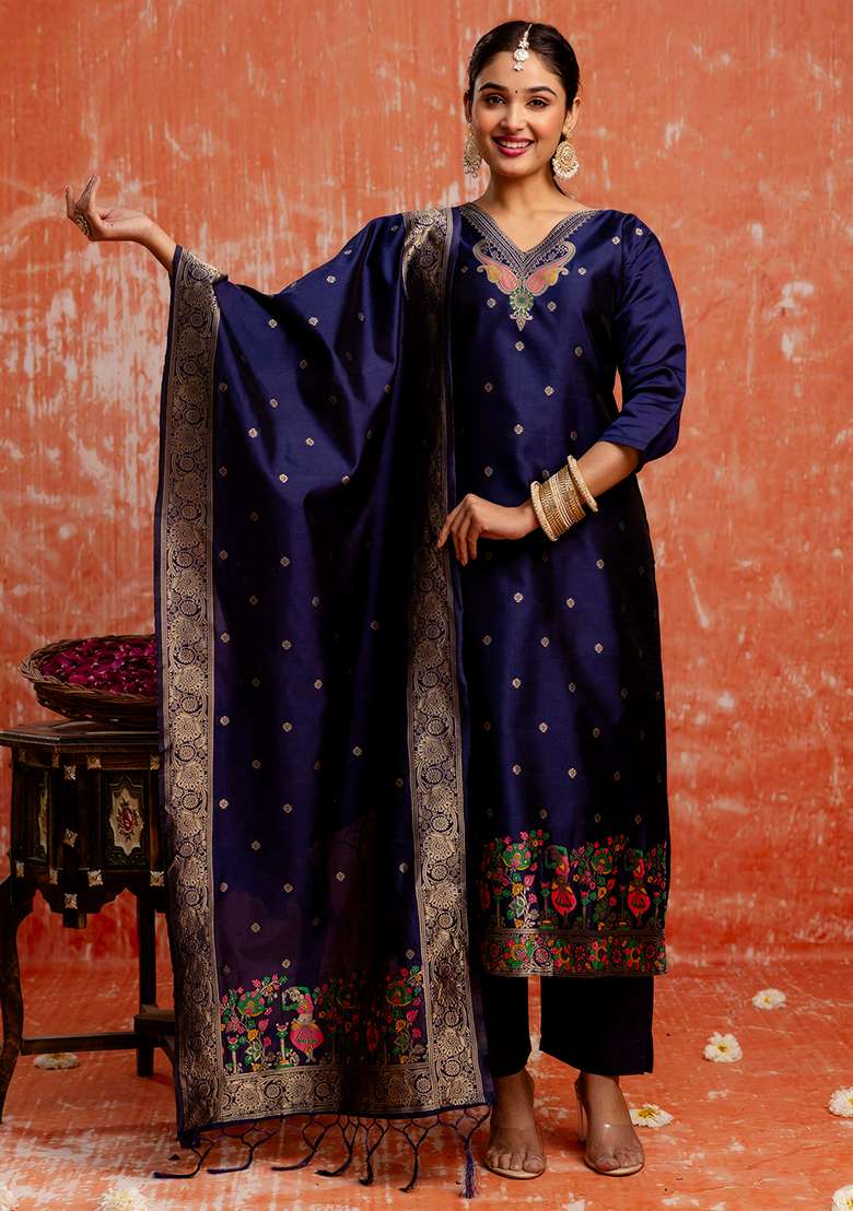 Blue Embroidered Cotton Straight Kurta Set - Indya