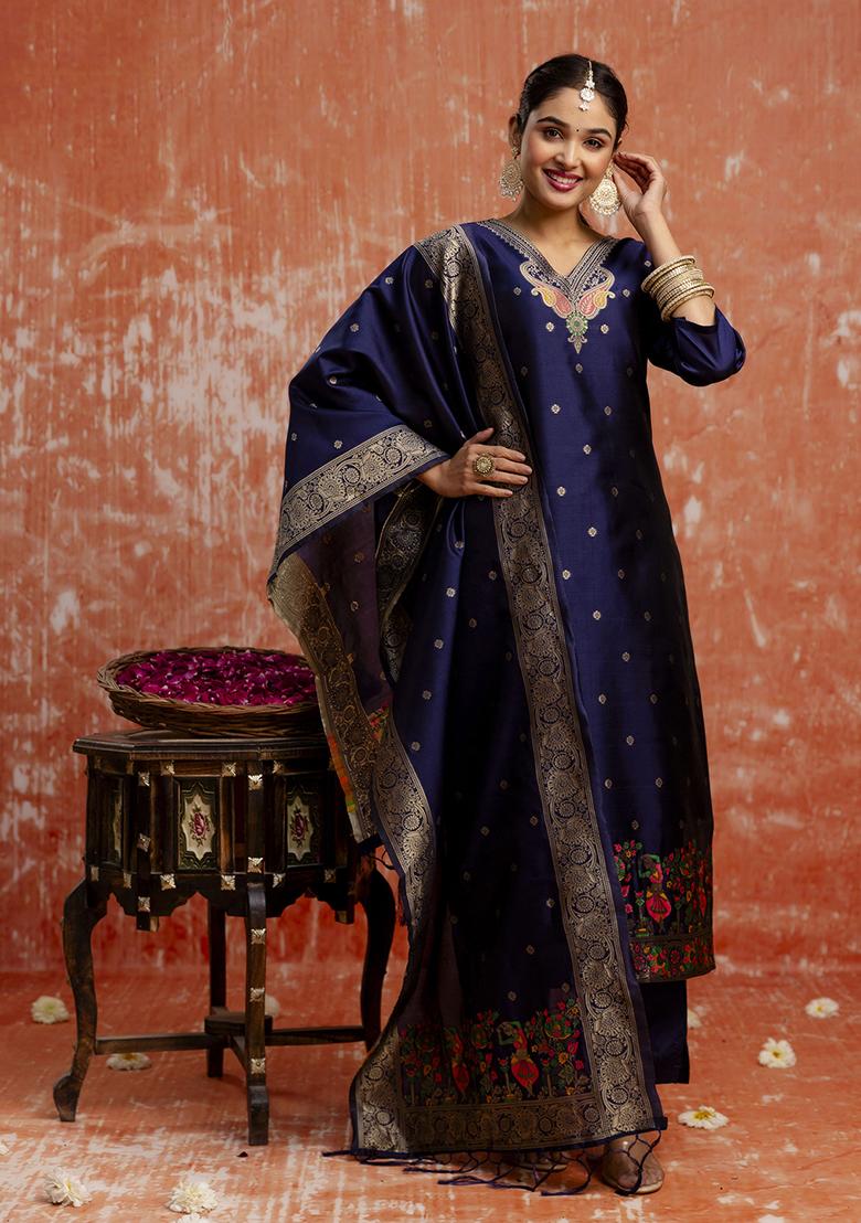 Blue Zari Work Cotton Blend Salwar Kameez With Dupatta
