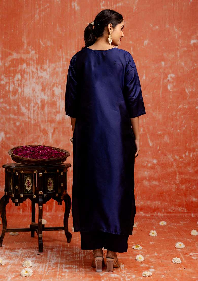 Blue Embroidered Cotton Straight Kurta Set - Indya
