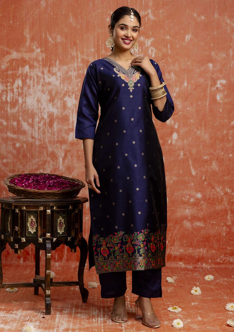 Blue Zari Work Cotton Blend Salwar Kameez With Dupatta