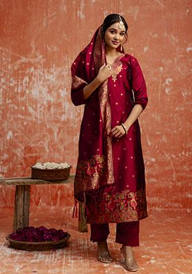 Maroon Zari Work Cotton Blend Salwar Kameez With Dupatta