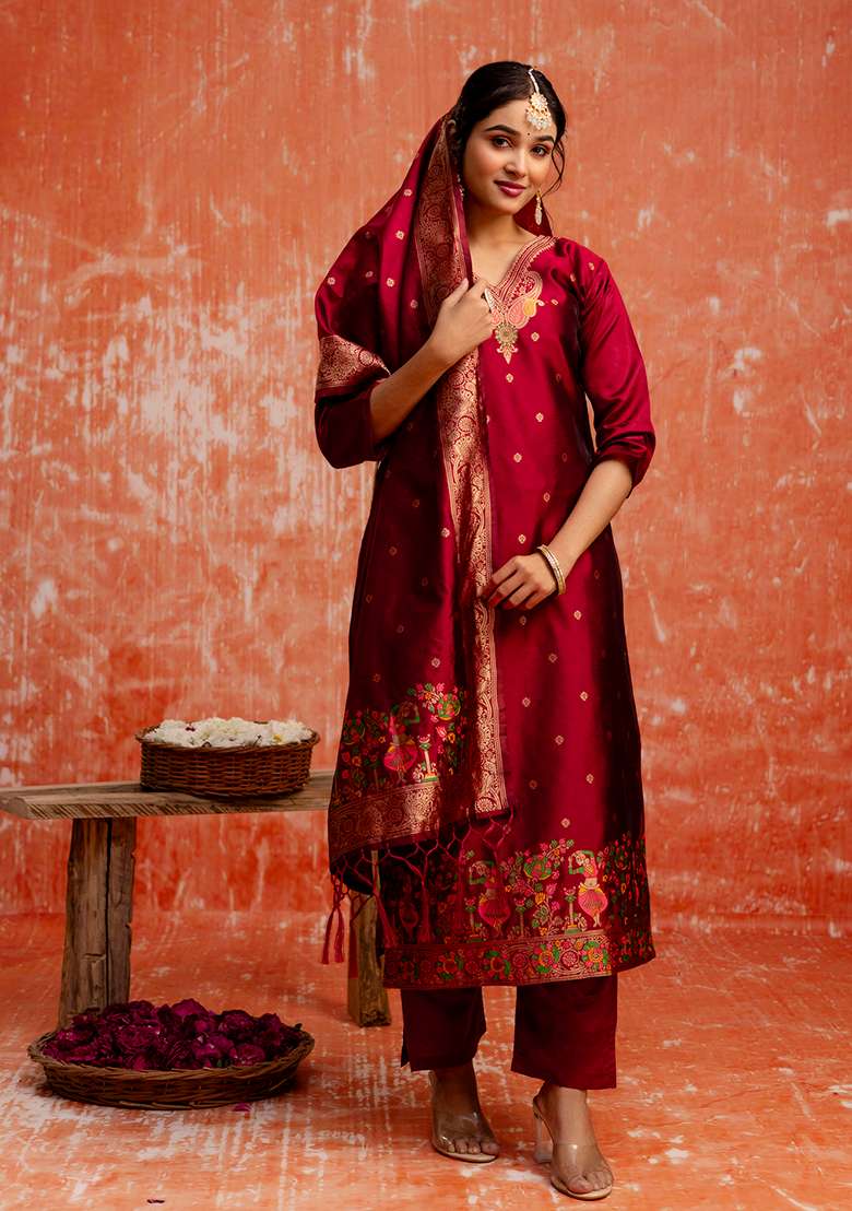 Maroon Embroidered Cotton Straight Kurta Set - Indya