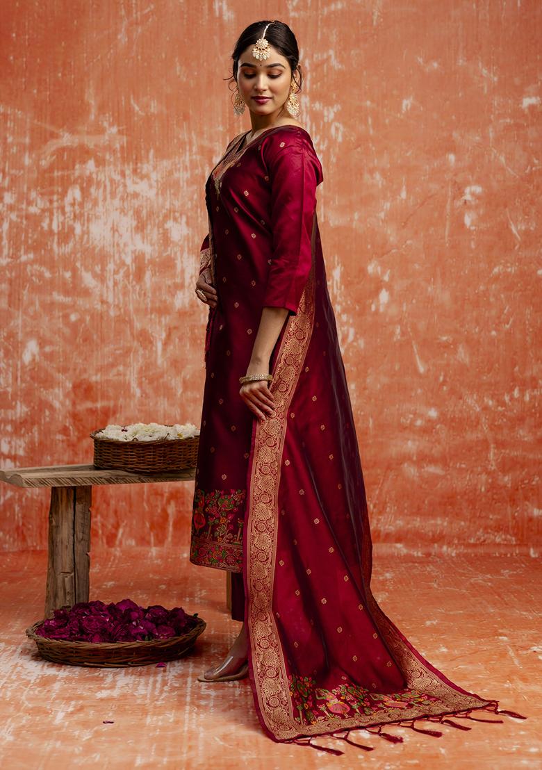 Maroon Zari Work Cotton Blend Salwar Kameez With Dupatta