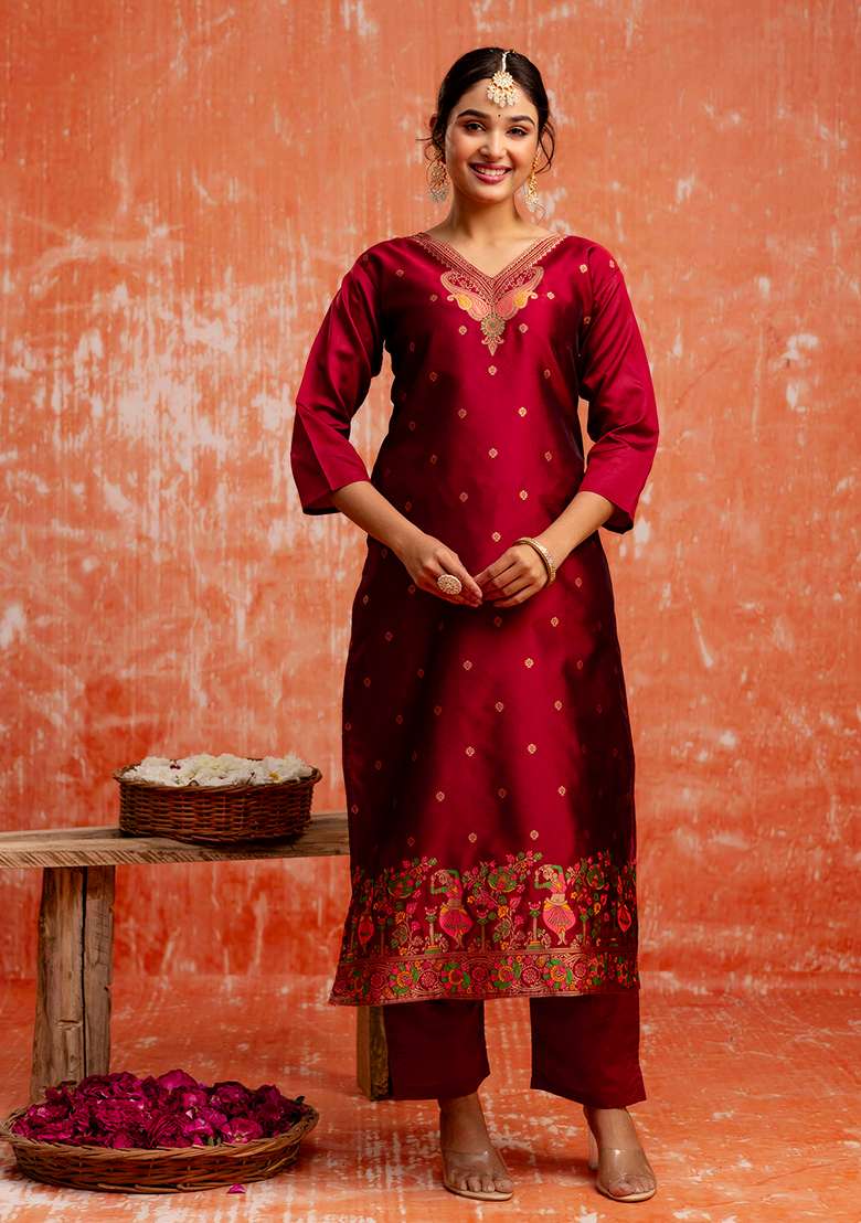 Maroon Embroidered Cotton Straight Kurta Set - Indya