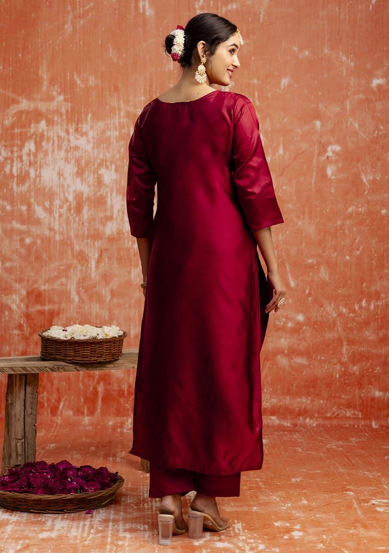 Maroon Zari Work Cotton Blend Salwar Kameez With Dupatta