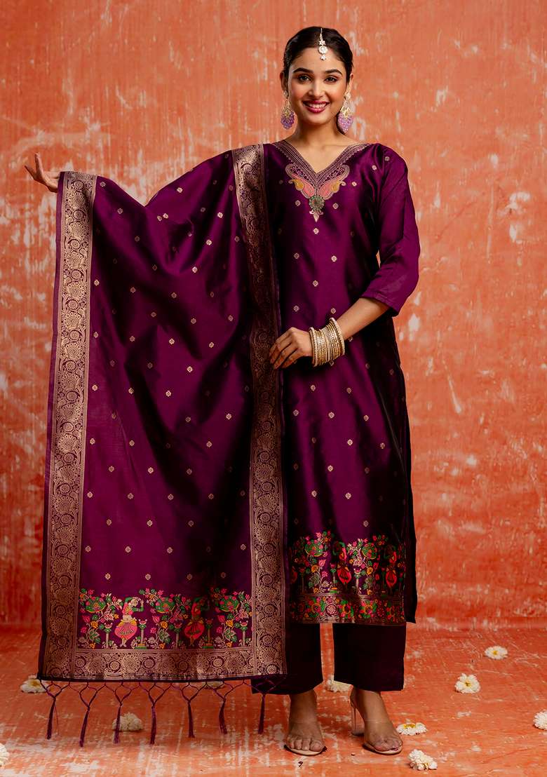 Purple Embroidered Cotton Straight Kurta Set - Indya