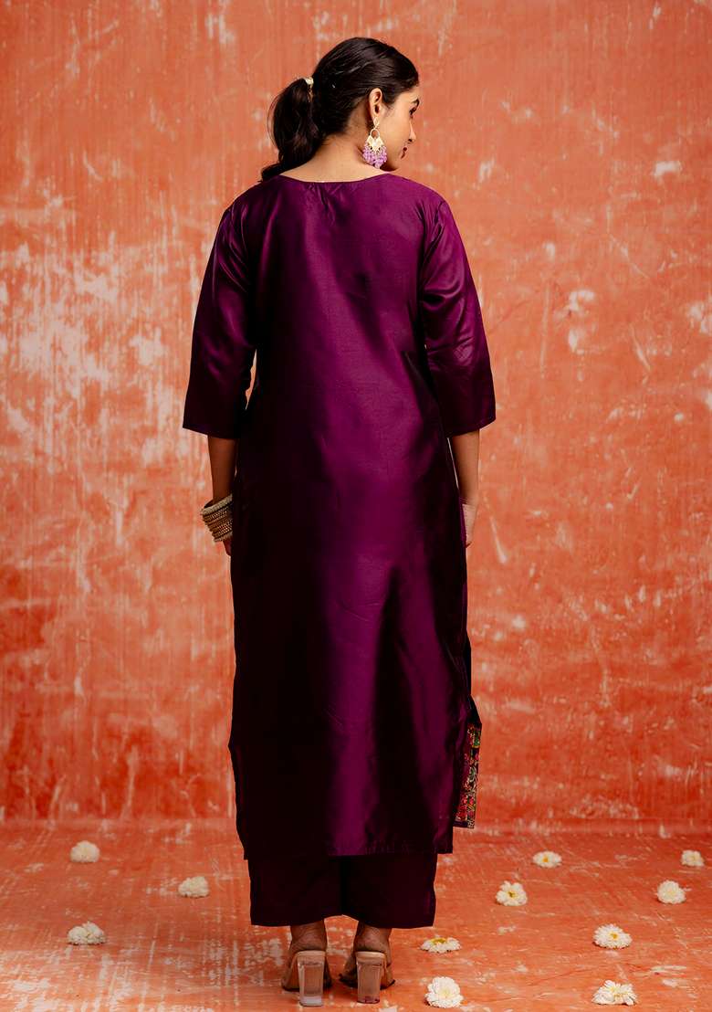 Purple Embroidered Cotton Straight Kurta Set - Indya