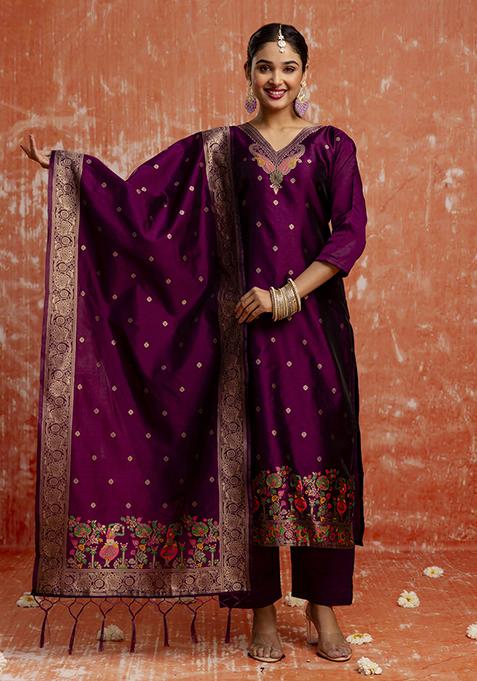 Purple Zari Work Cotton Blend Salwar Kameez With Dupatta