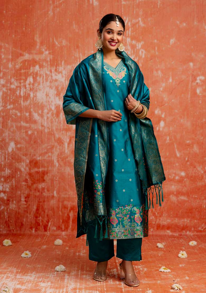 Rama Blue Embroidered Cotton Straight Kurta Set - Indya
