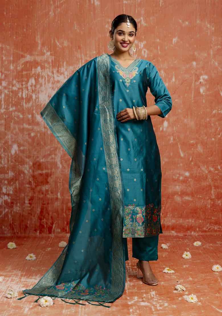 Rama Blue Zari Work Cotton Blend Salwar Kameez With Dupatta