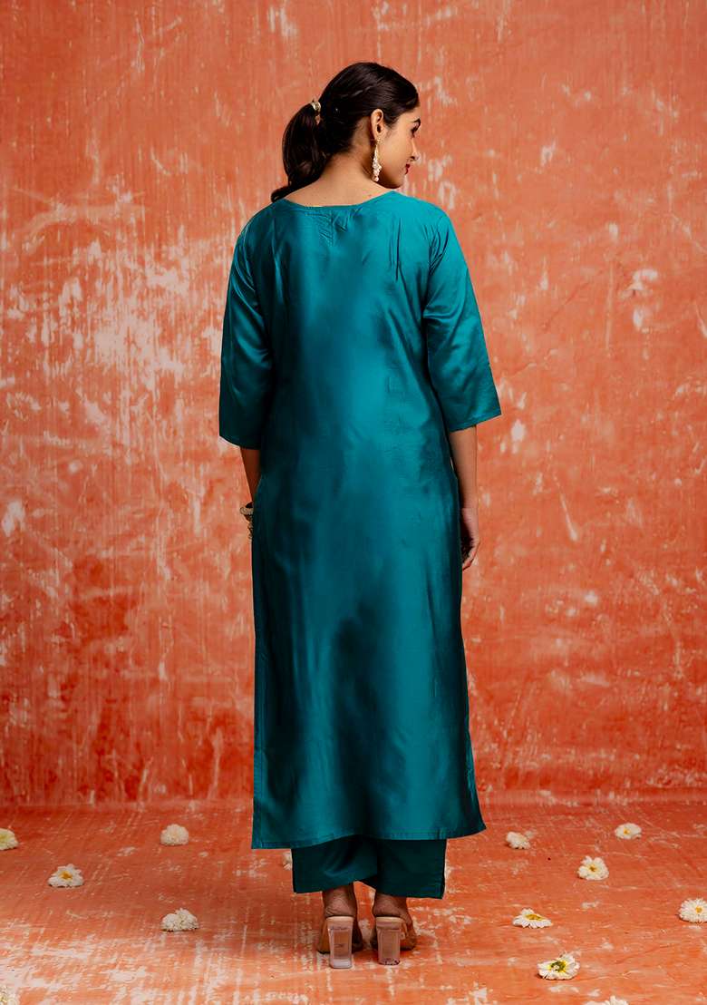 Rama Blue Embroidered Cotton Straight Kurta Set - Indya