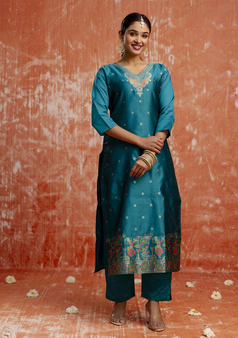 Rama Blue Zari Work Cotton Blend Salwar Kameez With Dupatta