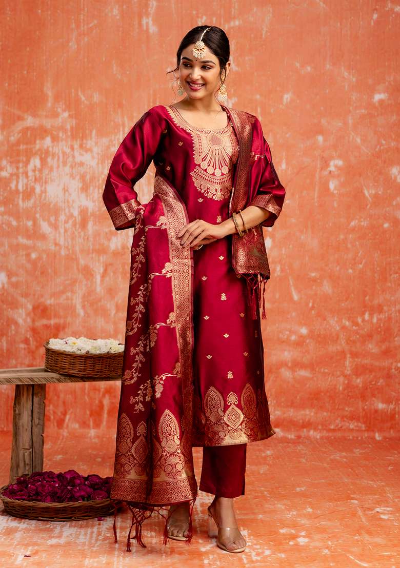 Maroon Embroidered Cotton Straight Kurta Set - Indya