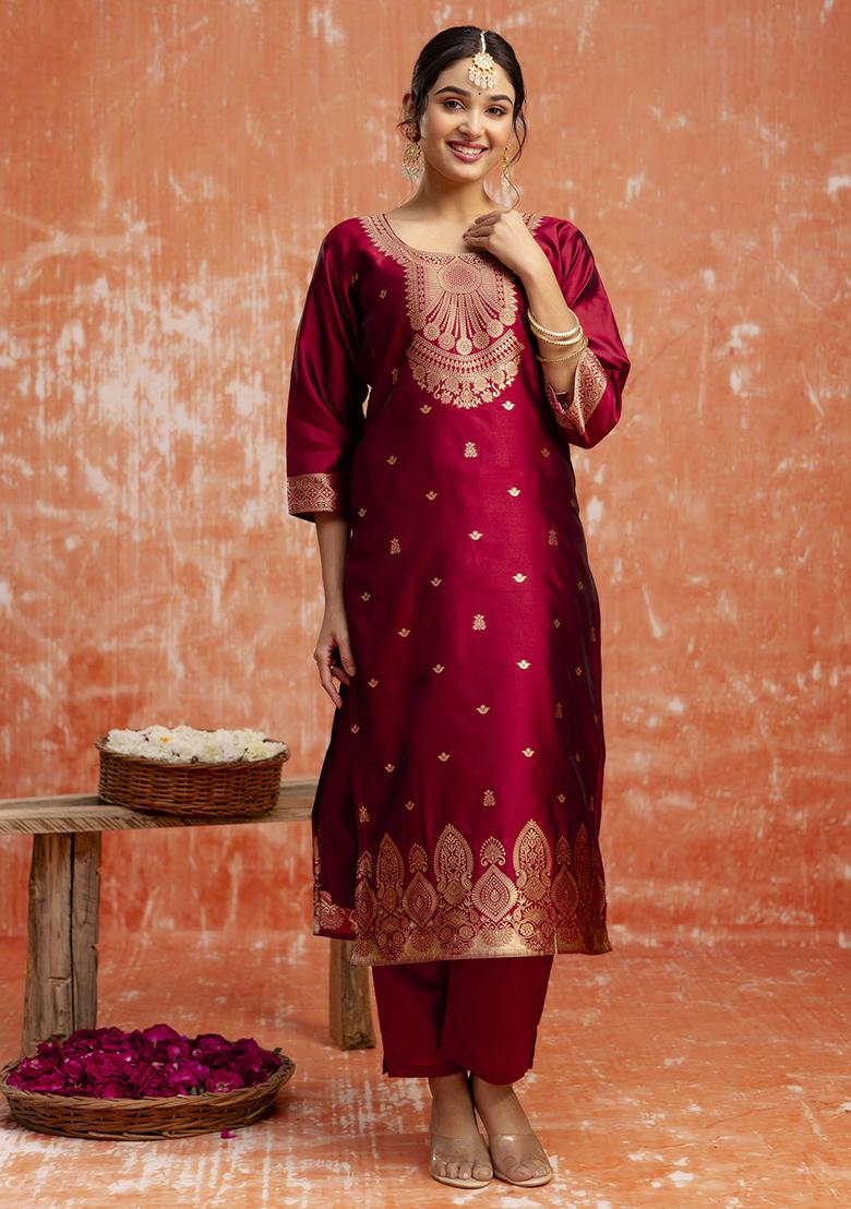 Maroon Zari Work Cotton Blend Salwar Kameez With Dupatta