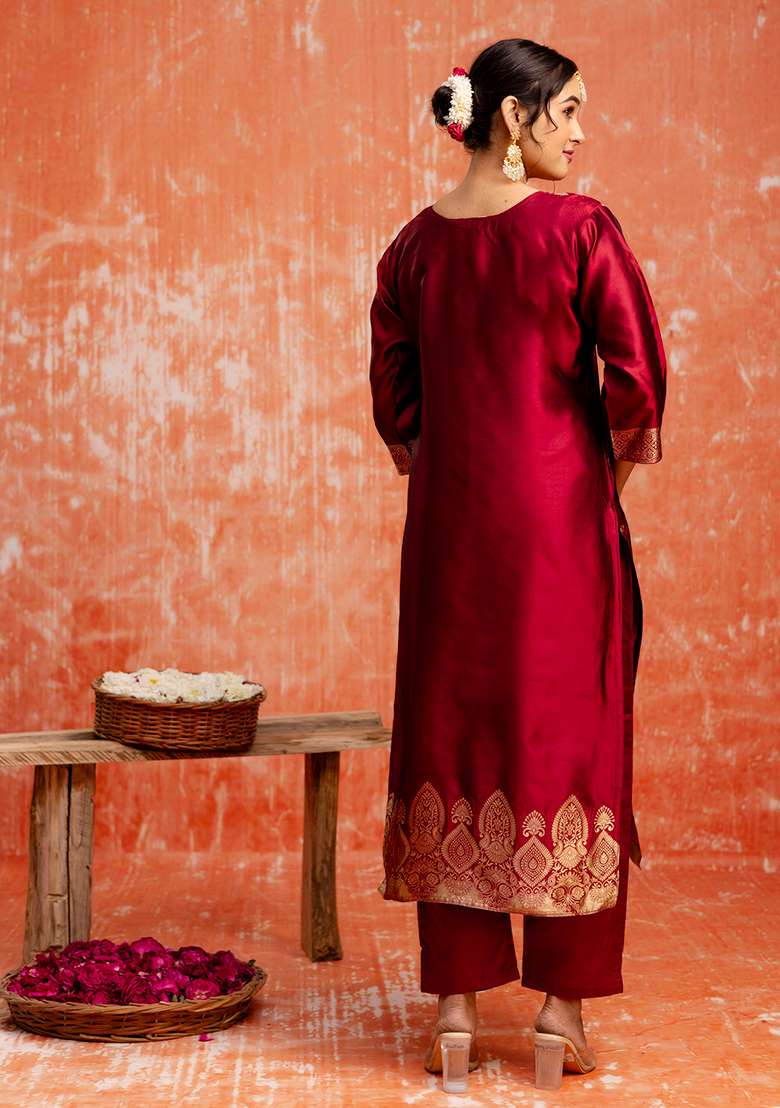 Maroon Embroidered Cotton Straight Kurta Set - Indya