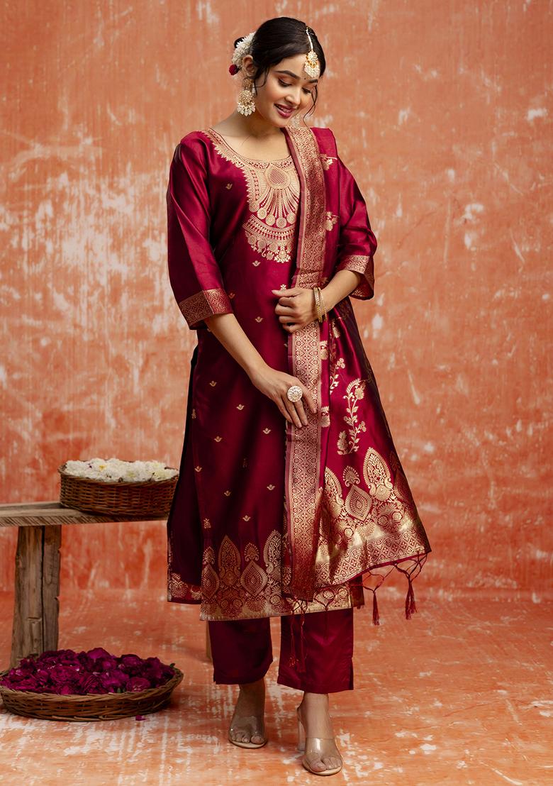 Maroon Zari Work Cotton Blend Salwar Kameez With Dupatta