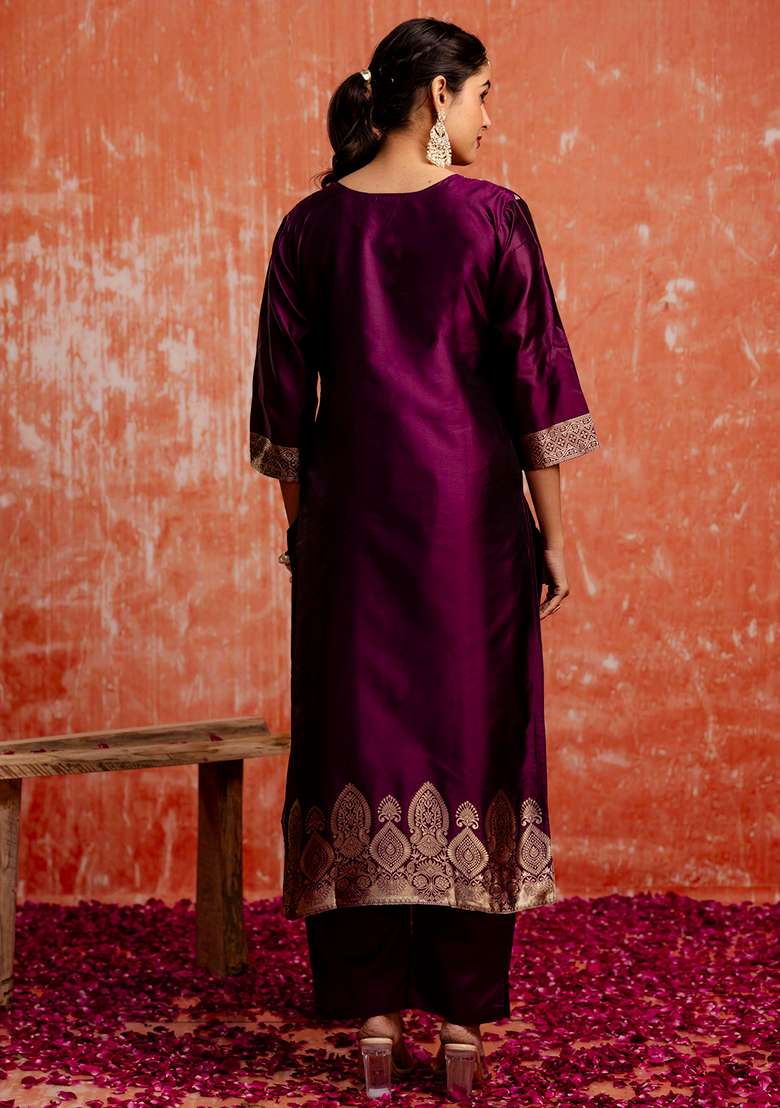Purple Embroidered Cotton Straight Kurta Set - Indya
