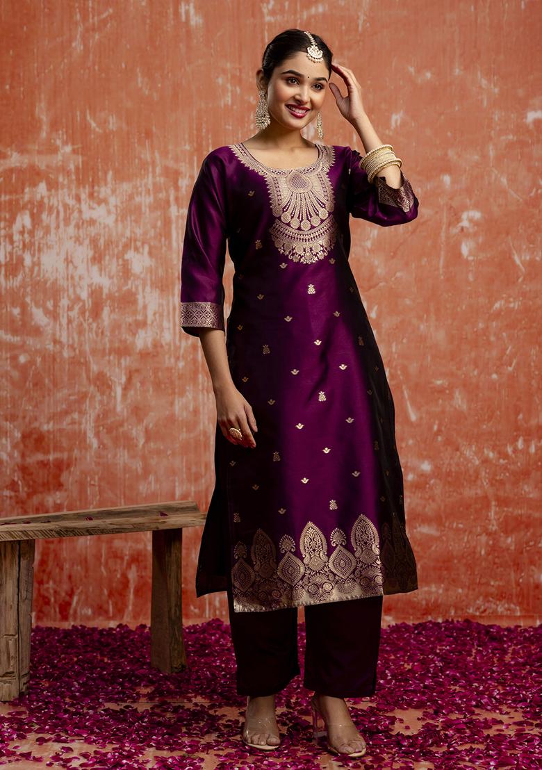 Purple Zari Work Cotton Blend Salwar Kameez With Dupatta
