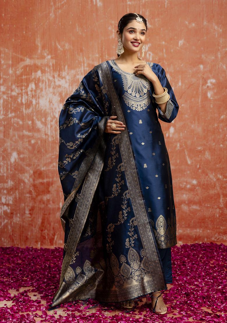 Teal Blue Zari Work Cotton Blend Salwar Kameez With Dupatta