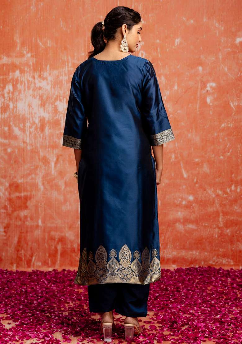 Teal Blue Embroidered Cotton Straight Kurta Set - Indya
