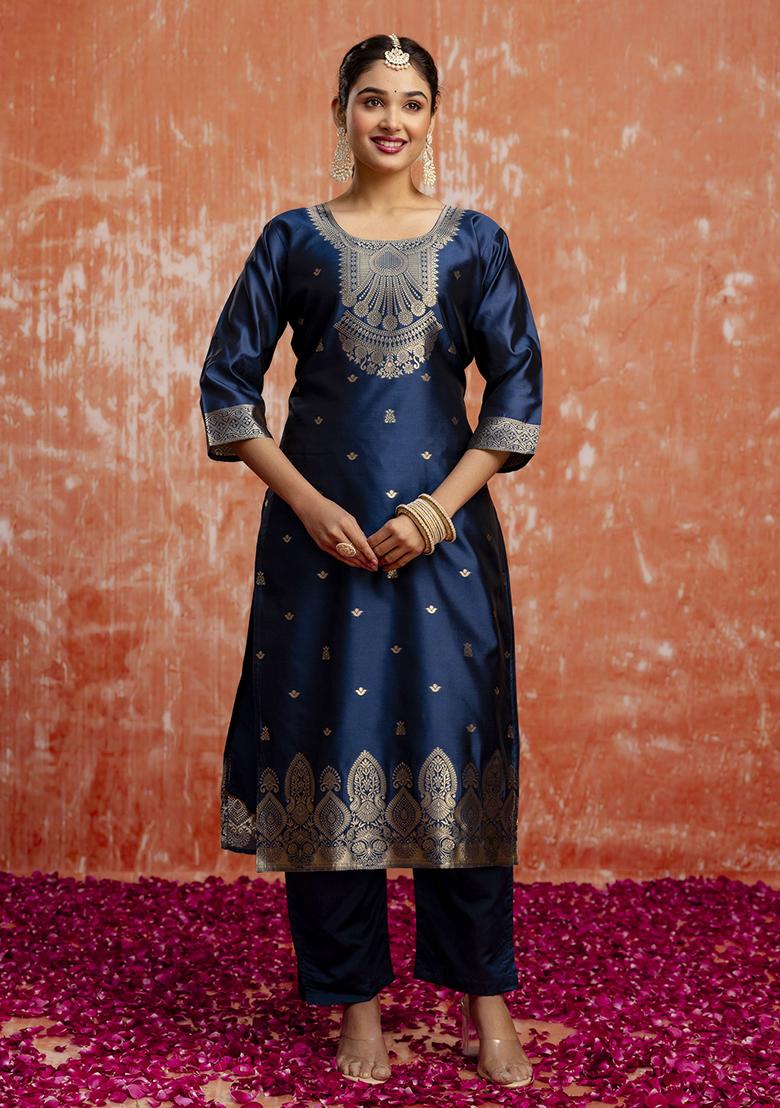 Teal Blue Zari Work Cotton Blend Salwar Kameez With Dupatta