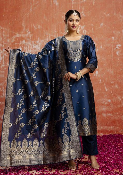 Teal Blue Zari Work Cotton Blend Salwar Kameez With Dupatta