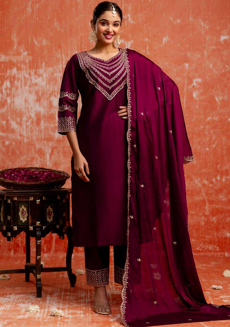 Purple Embroidered Viscose Straight Kurta Set - Indya