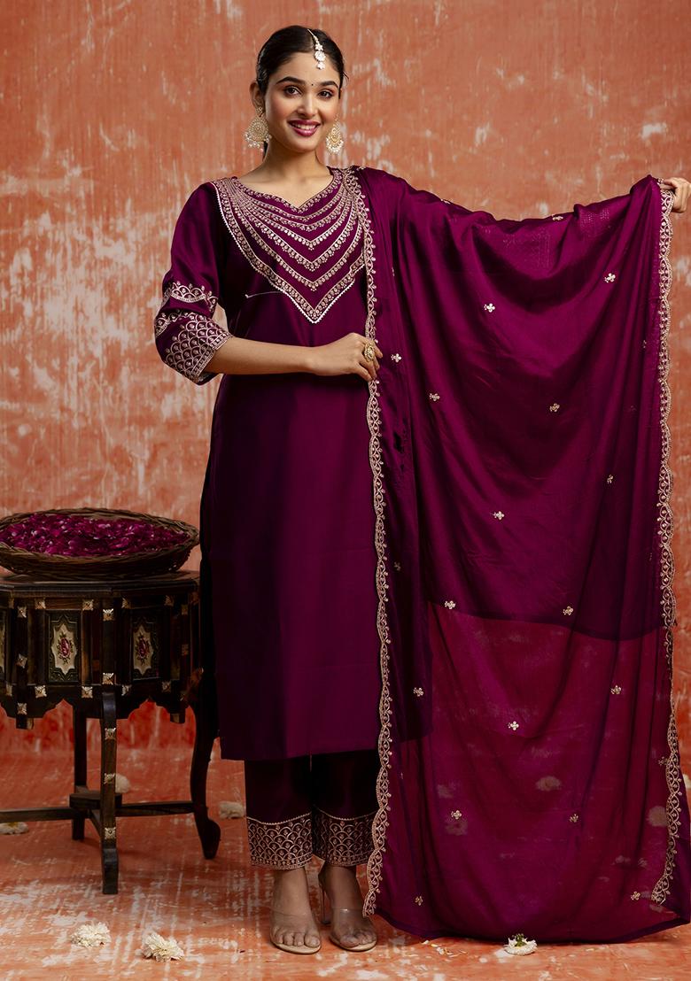 Purple Embroidered Viscose Salwar Kameez With Dupatta