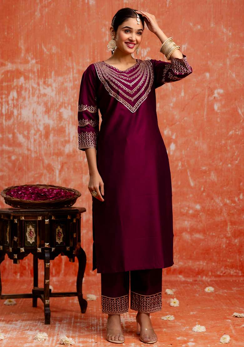 Purple Embroidered Viscose Straight Kurta Set - Indya