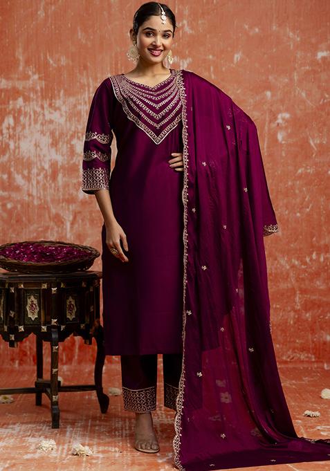 Purple Embroidered Viscose Straight Kurta Set