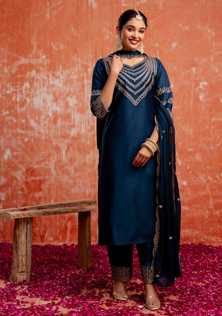 Teal Blue Embroidered Viscose Straight Kurta Set - Indya