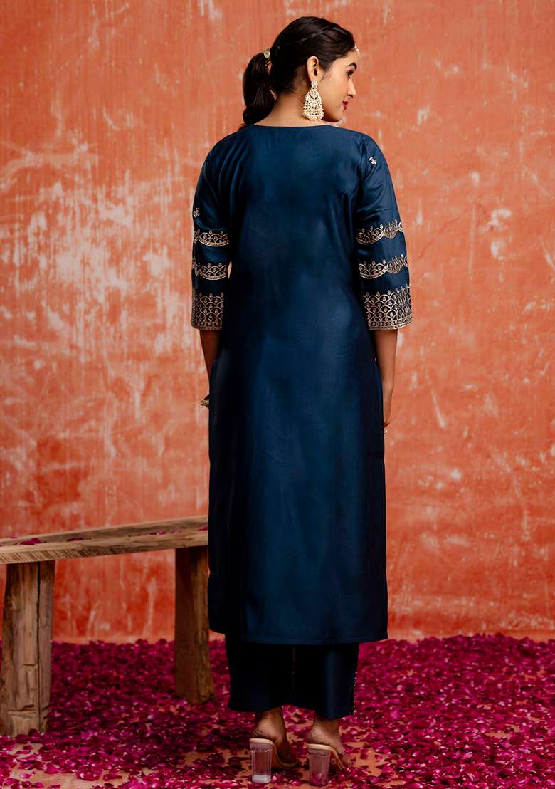 Teal Blue Embroidered Viscose Straight Kurta Set - Indya
