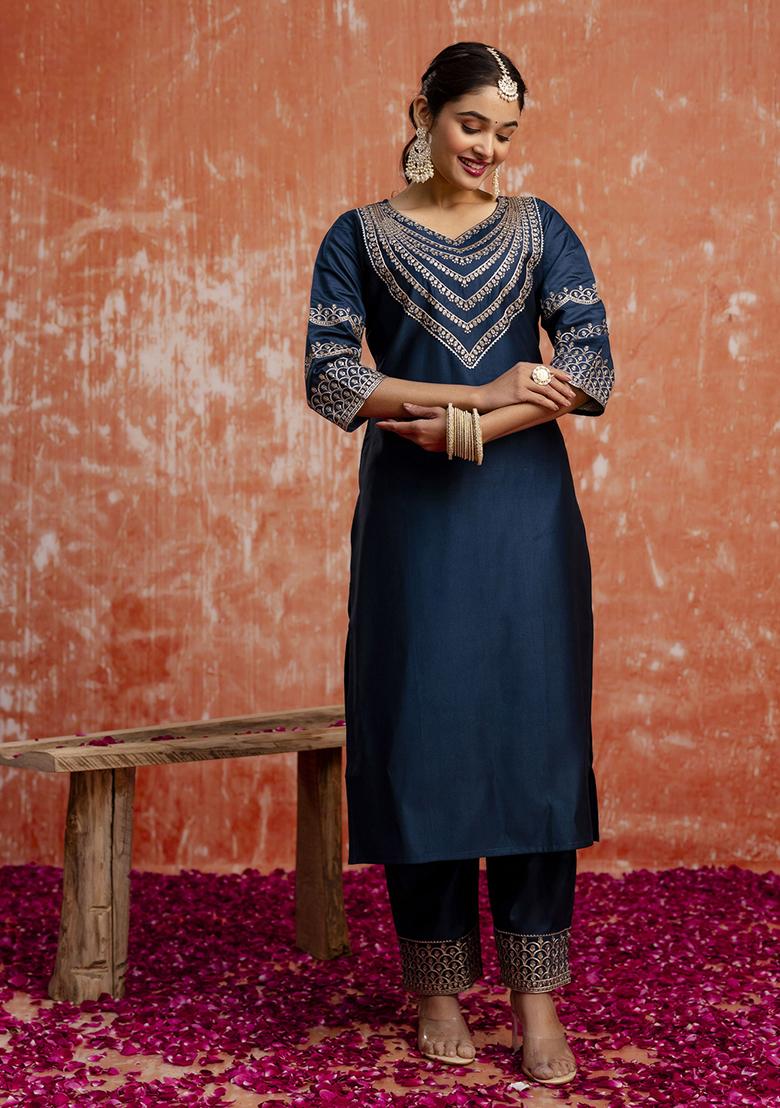 Teal Blue Embroidered Viscose Salwar Kameez With Dupatta