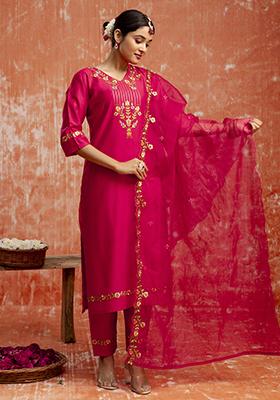 Pink Embroidered Viscose Salwar Kameez With Dupatta