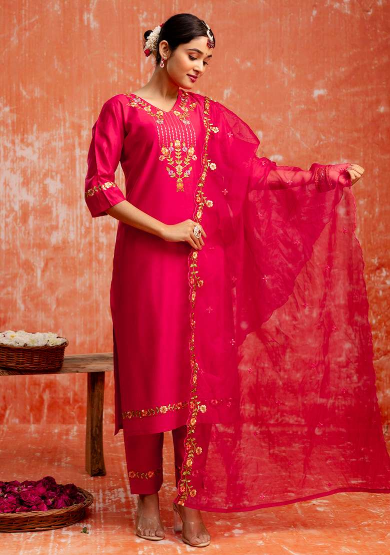 Pink Embroidered Viscose Straight Kurta Set - Indya