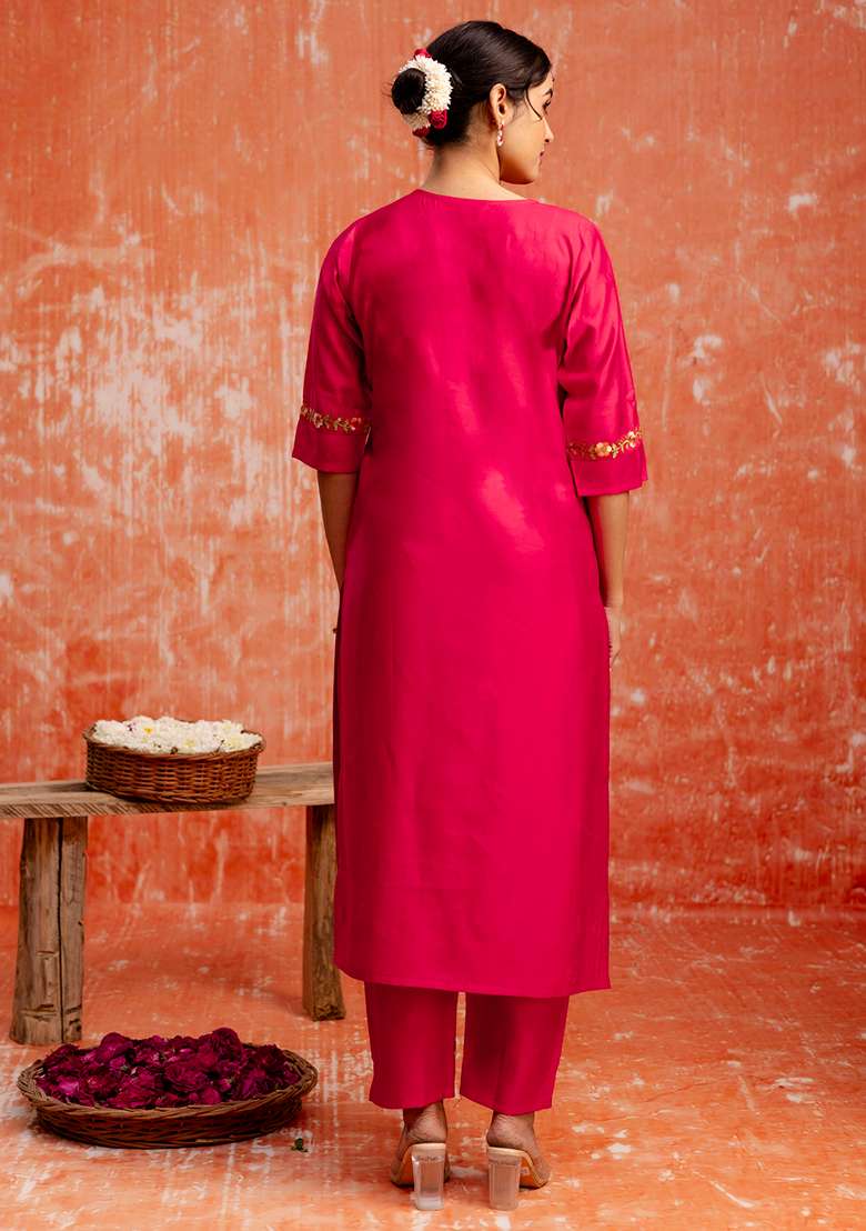 Pink Embroidered Viscose Straight Kurta Set - Indya