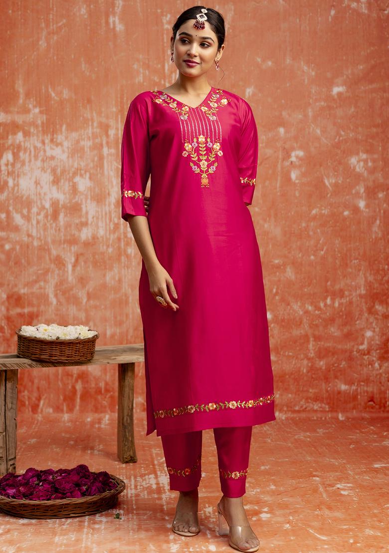 Pink Embroidered Viscose Salwar Kameez With Dupatta