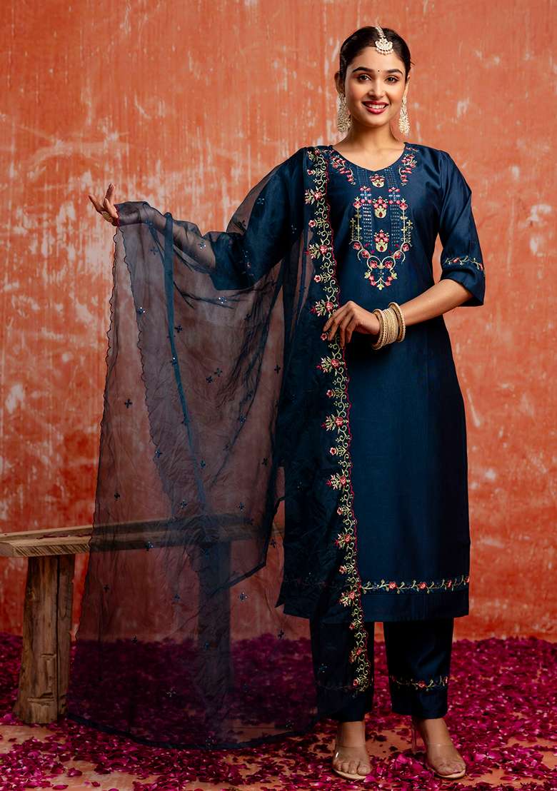 Teal Blue Embroidered Viscose Straight Kurta Set - Indya
