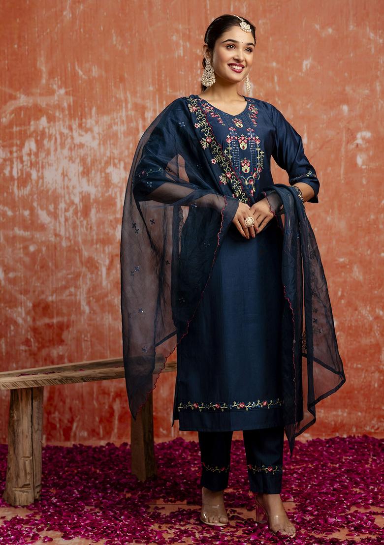 Teal Blue Embroidered Viscose Salwar Kameez With Dupatta