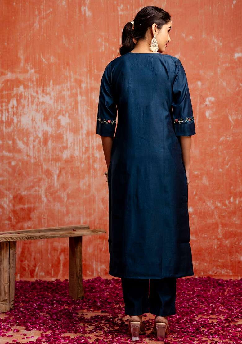 Teal Blue Embroidered Viscose Straight Kurta Set - Indya