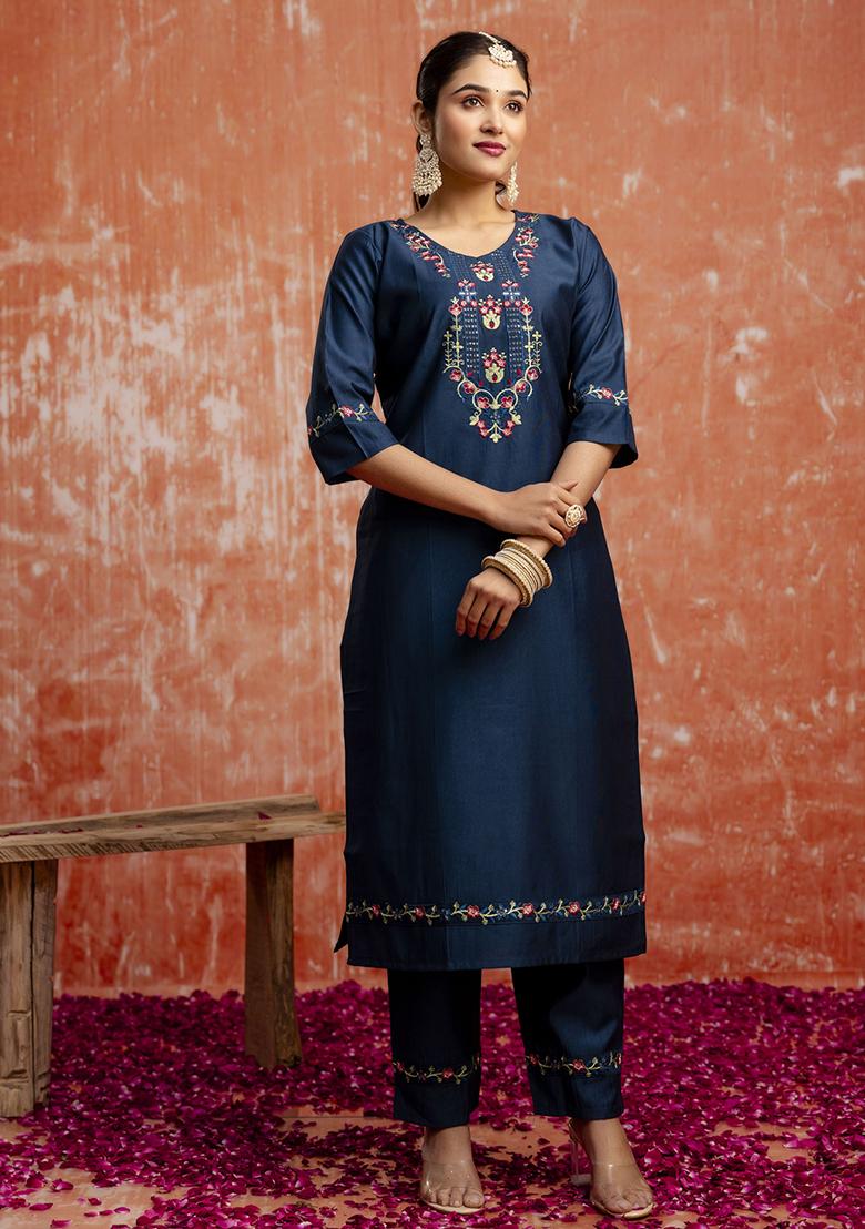 Teal Blue Embroidered Viscose Salwar Kameez With Dupatta