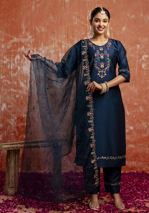 Teal Blue Embroidered Viscose Salwar Kameez With Dupatta