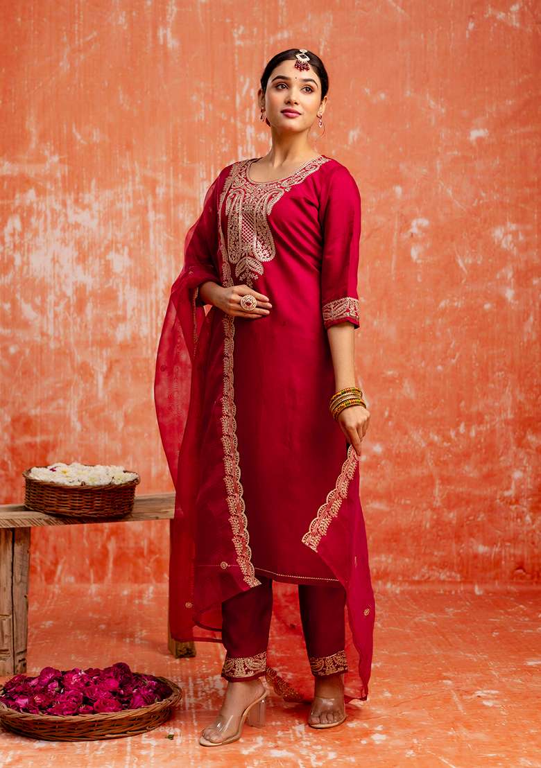 Maroon Embroidered Viscose Straight Kurta Set - Indya