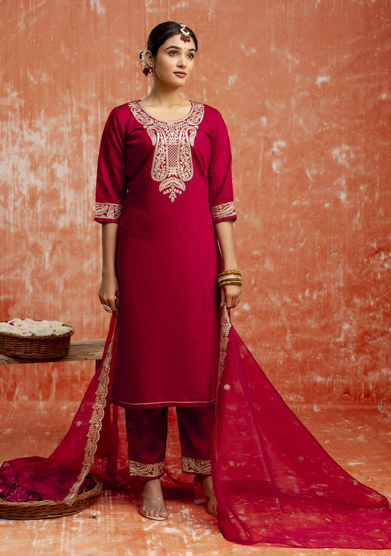 Maroon Embroidered Viscose Salwar Kameez With Dupatta